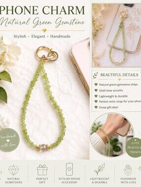 ✨ Natural Green Gemstone Phone Charm | Handmade Beaded Wrist Strap | Gold Accent